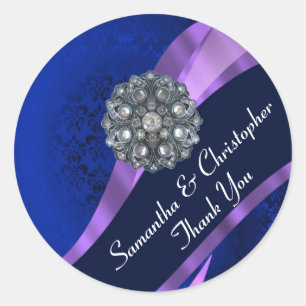 Marine en mauve damast trouwzegel ronde sticker