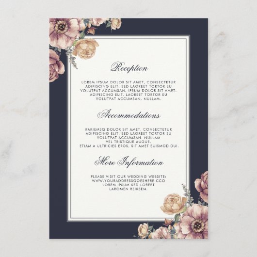 Marine en Mauve Floral Wedding Informatie Gast Informatiekaartje (Voorkant)