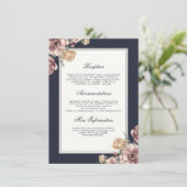 Marine en Mauve Floral Wedding Informatie Gast Informatiekaartje (Staand voorkant)