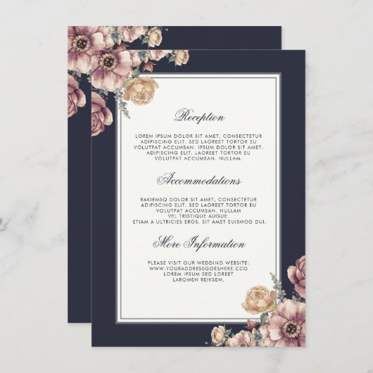 Marine en Mauve Floral Wedding Informatie Gast Informatiekaartje (Voorkant / Achterkant)