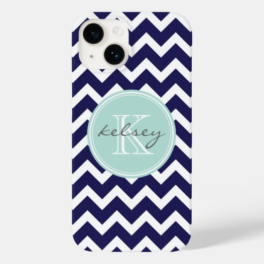 Marine en Mint Chevron Custom Monogram Case-Mate iPhone Case (Achterkant)