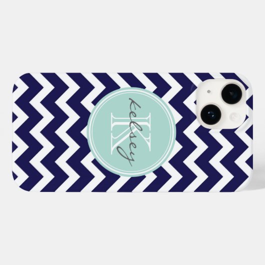 Marine en Mint Chevron Custom Monogram Case-Mate iPhone Case (Achterkant (horizontaal))