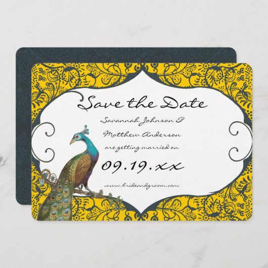 Marine en Mosterd Parkiet Verloving Datum Besparen Kaart (Voorkant / Achterkant)