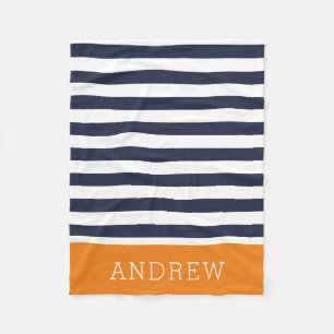 Marine en oranje strepen Monogram Bewerkbare kle Fleece Deken