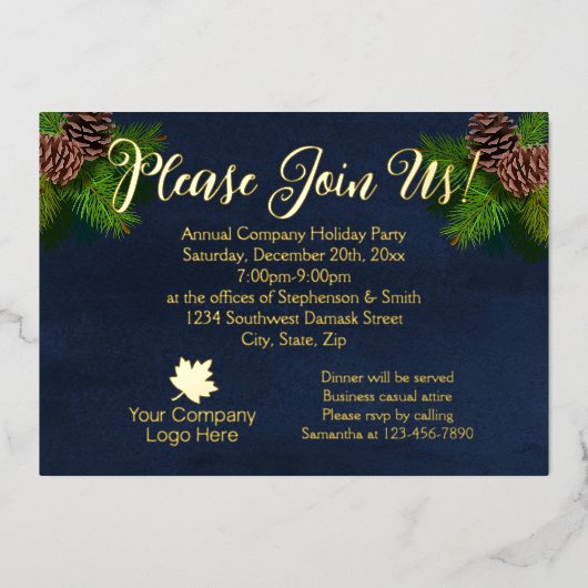 Marine en Pine Modern Gold Script Holiday Party Folie Feestdagenkaart (Voorkant)