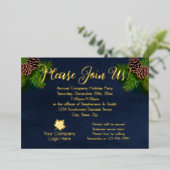 Marine en Pine Modern Gold Script Holiday Party Folie Feestdagenkaart (Staand Voorkant)