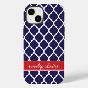 Marine en Red Chic Marokkaanse Lattice Monogram iPhone 14 Hoesje