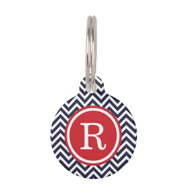 Marine en Rode Chevron Monogram Huisdierpenning (Voorkant)