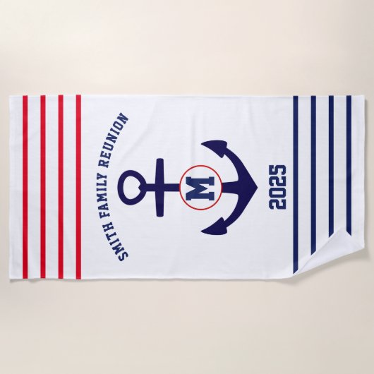 Marine en Rode Nautische Familie Reünie Strandlaken (Voorkant)