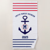 Marine en Rode Nautische Familie Reünie Strandlaken (Voorkant)