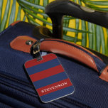 Marine en Rode Rugby Stripes Bagagelabel<br><div class="desc">Reis in stijl met ons rugby streep bagagelabel. Het marineblauwe en rode ontwerp valt op uw tassen, waardoor ze gemakkelijk te identificeren zijn en een sportieve touch aan uw reizen toevoegen. De aanpasbare naam in het midden zorgt ervoor dat uw bagagelabel echt uniek is en helpt verwisselingen te voorkomen. Duurzaam...</div>