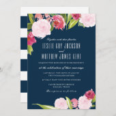 MARINE EN ROZE BRUILOFT UITNODIGING MET BLOEMEN (Voorkant / Achterkant)