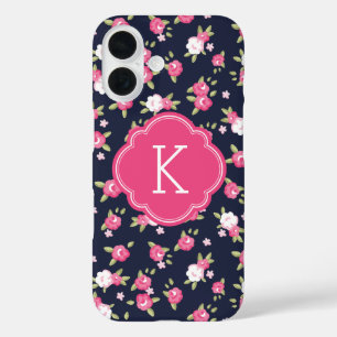 Marine en Roze Chique  Bloemenprint Monogram iPhone 16 Hoesje