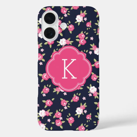 Marine en Roze Chique  Bloemenprint Monogram Case-Mate iPhone Case (Achterkant)