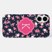 Marine en Roze Chique  Bloemenprint Monogram Case-Mate iPhone Case (Achterkant (horizontaal))