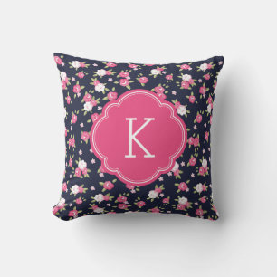 Marine en Roze Chique  Bloemenprint Monogram Kussen
