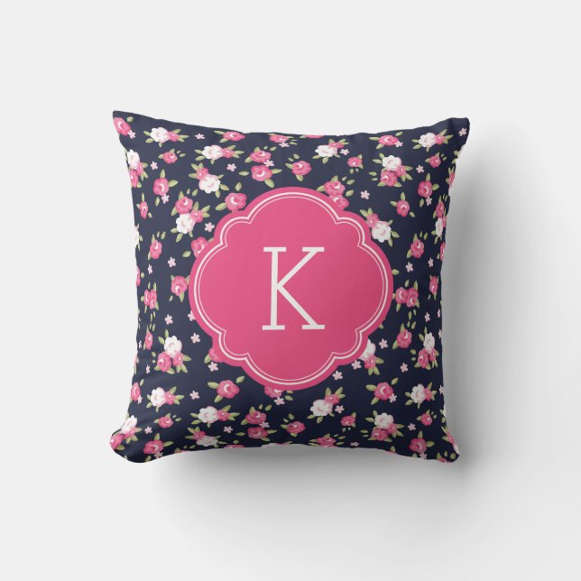 Marine en Roze Chique  Bloemenprint Monogram Kussen (Voorkant)