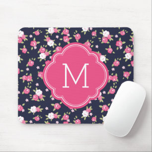 Marine en Roze Chique  Bloemenprint Monogram Muismat