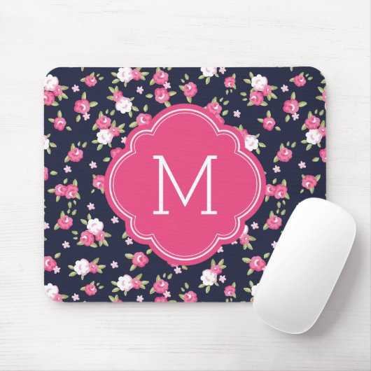 Marine en Roze Chique  Bloemenprint Monogram Muismat (Met muis)
