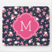 Marine en Roze Chique  Bloemenprint Monogram Muismat (Voorkant)