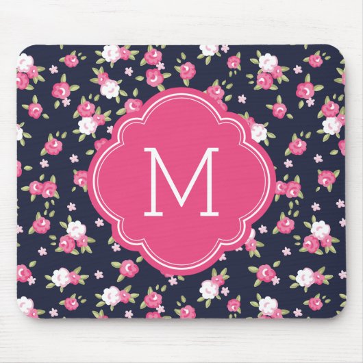 Marine en Roze Chique Bloemenprint Monogram Muismat (Voorkant)