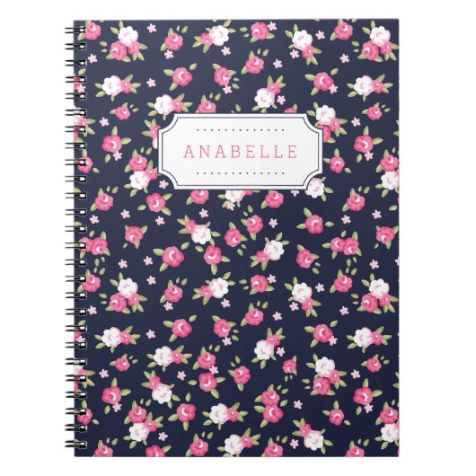Marine en Roze Chique  Bloemenprint Monogram Notitieboek (Voorkant)
