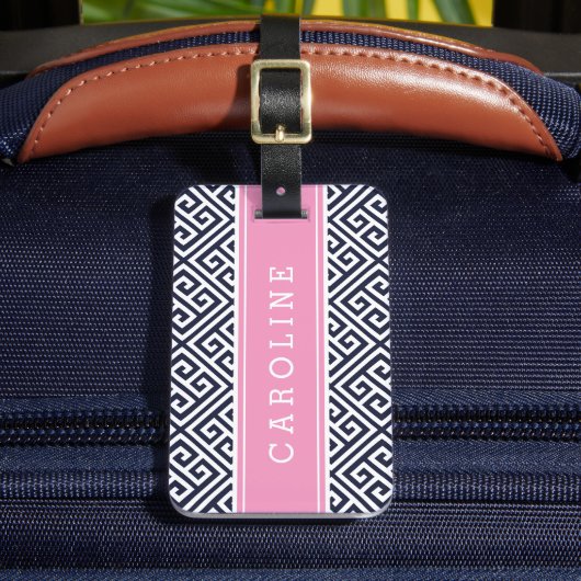 Marine en Roze Griekse Key Custom Monogram Bagagelabel (Voorkant Insitu 2)