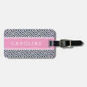 Marine en Roze Griekse Key Custom Monogram Bagagelabel (Voorkant horizontaal)