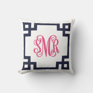 Marine en Roze Griekse Key Script Monogram - SMR. Kussen