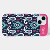 Marine en Roze Ikat Paisley Monogram Case-Mate iPhone Case (Achterkant (horizontaal))