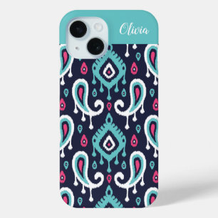 Marine en Roze Ikat Paisley Monogram iPhone 15 Case