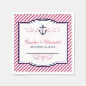 Marine en Roze Nautisch Anker Bruiloft Monogram Servet (Voorkant)