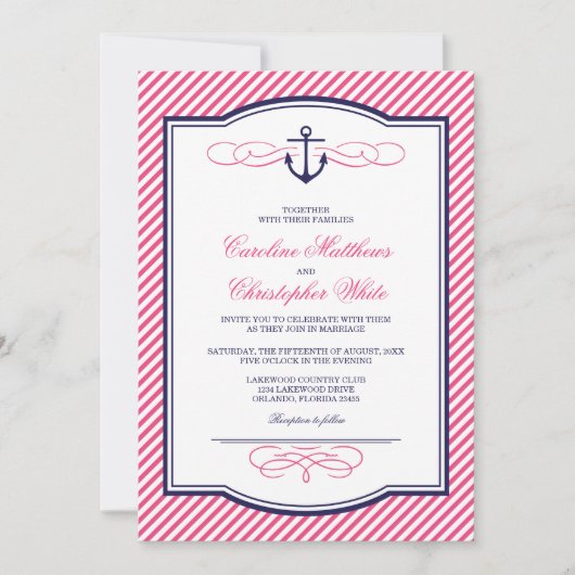 Marine en Roze Nautisch Anker Bruiloft Uitnodiging (Voorkant)