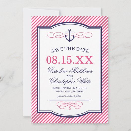 Marine en roze nautisch anker Save the Date (Voorkant)