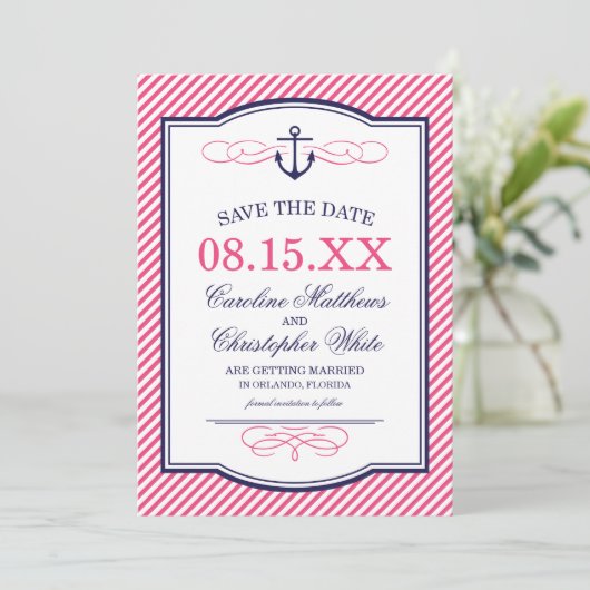Marine en roze nautische anker Save the Date (Staand voorkant)