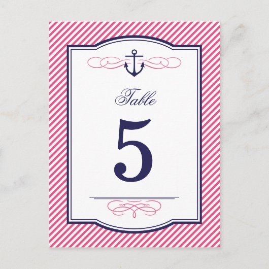 Marine en Roze Nautische Trouwtafel Aantal Kaarten (Voorkant)