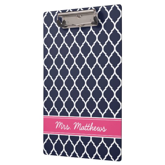Marine en Roze Quatrefoil Custom Monogram Klembord (Links)