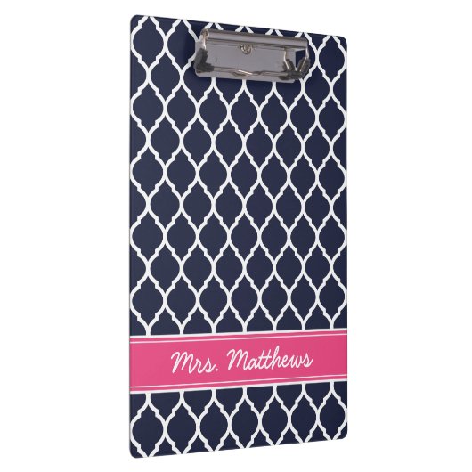 Marine en Roze Quatrefoil Custom Monogram Klembord (Rechts)