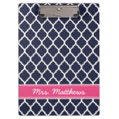 Marine en Roze Quatrefoil Custom Monogram Klembord (Voorkant)