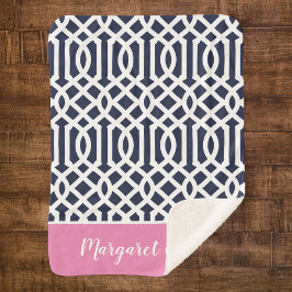 Marine en Roze Traliewerk Monogram | Bewerkbare Kl Sherpa Deken
