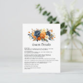 Marine en Sinaasappel Floral Wedding Guest Details Informatiekaartje (Staand voorkant)