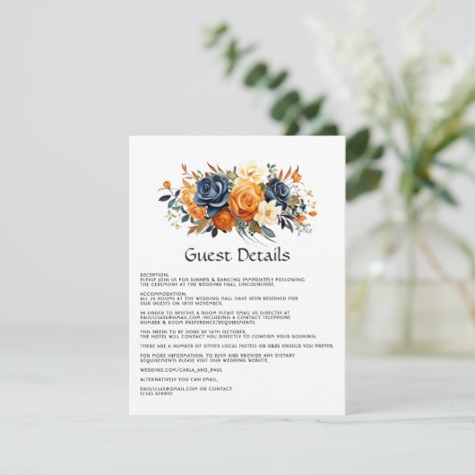 Marine en Sinaasappel Floral Wedding Guest Details Informatiekaartje (Staand voorkant)