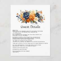 Marine en Sinaasappel Floral Wedding Guest Details