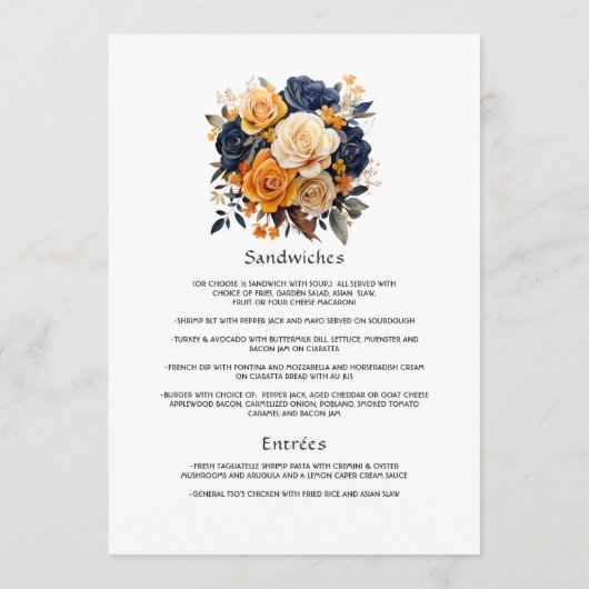 Marine en Sinaasappel Floral Wedding Guest Details Menu (Achterkant)