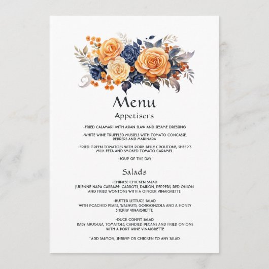 Marine en Sinaasappel Floral Wedding Guest Details Menu (Voorkant)