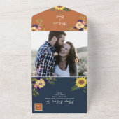 Marine en Terracotta Rustieke Zonnebloem Huwelijk All In One Uitnodiging (Buitenkant)