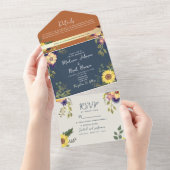 Marine en Terracotta Rustieke Zonnebloem Huwelijk All In One Uitnodiging (Afscheurbaar)