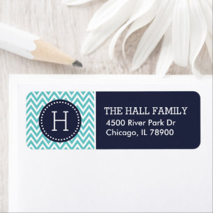 Marine en Turquoise Chevron Monogram Etiket