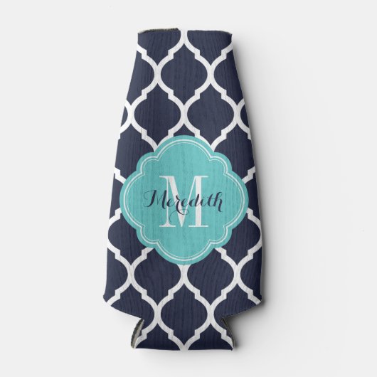 Marine en Turquoise Marokkaanse Quatrefoil Monogra Flesjeskoeler (Voorkant)