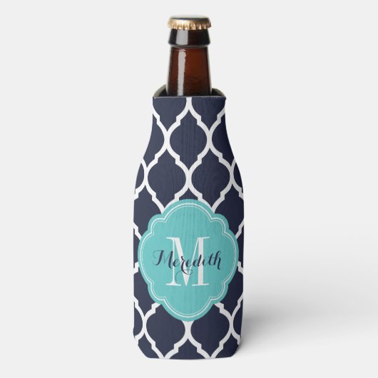 Marine en Turquoise Marokkaanse Quatrefoil Monogra Flesjeskoeler (Fles Voorkant)